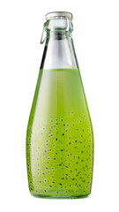 Drink with basil seeds in a glass bottle isolated on white