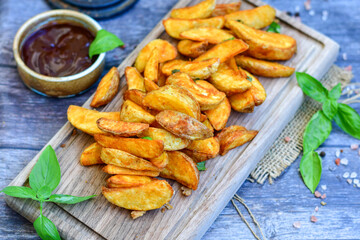 
 Crispy  deep fried   Chicken    strips and Wedges potato. Breaded  with cornflakes chicken  breast fillets  with chilly peppers and fresh   basil on wooden rustic background