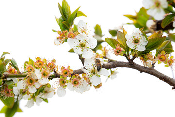 Selective focus of green plum fruit tree flowers on white isolated background. With the arrival of spring, the green plum tree branches are adorned with white flowers.