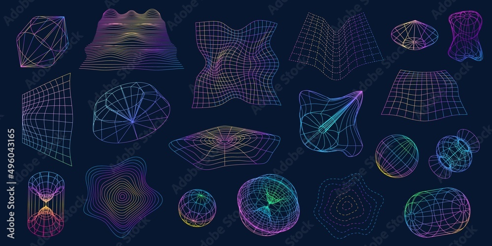 Wall mural retrofuturistic wireframe shapes, 3d sphere and distorted perspective grids. line mesh geometric obj