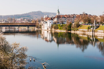 Olten, Stadt, Stadtturm, Aare, Fluss, Alte Brücke, Holzbrücke, Altstadt, historische Häuser,...