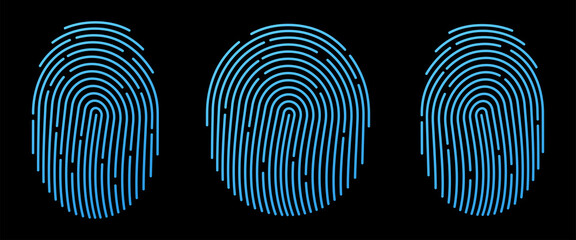 Fingerprint icons set. Personal id identity. Press finger, scan for safety.  Unique touch id. Individual fingertip is verification in police. Semi-simplified fingerprint on black background