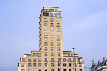 Skyscraper Bel-Air Tower at City of Lausanne on a cloudy spring day. Photo taken March 18th, 2022, Lausanne, Switzerland.