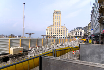 Renovation of Great Bridge (French Grand Pont) at City of Lausanne on a cloudy spring day. Photo taken March 18th, 2022, Lausanne, Switzerland.