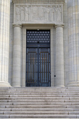 Close-up of door at entrance of federal supreme court of Switzerland with golden text  Federal Tribunal (French, translation is federal court). Photo taken March 18th, 2022, Lausanne, Switzerland.