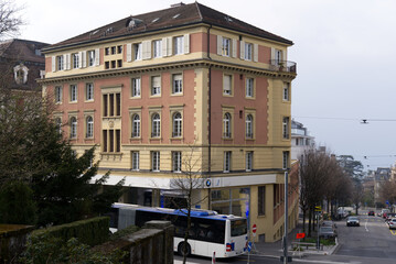 Urban downtown of City of Lausanne on a blue and cloudy spring day. Photo taken March 18th, 2022, Lausanne, Switzerland.