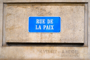 Street sign with text road of peace (French Rue da la Paix) at City of Lausanne on a sunny spring day. Photo taken March 18th, 2022, Lausanne, Switzerland.