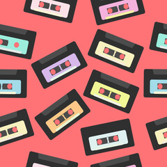 Seamless pattern in retro style with colored cassettes on red background