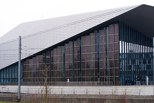 SwissTech Convention Center at technical university of Lausanne EPFL on a cloudy spring day. Photo taken March 18th, 2022, Renens, Switzerland.