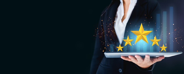 Customer Experience, Recognition reward.Services for Satisfaction five Star Rating marketing.Business woman five Star Feedback.Clients Choosing Satisfaction Rating.Customer Service.Digital technology. - obrazy, fototapety, plakaty