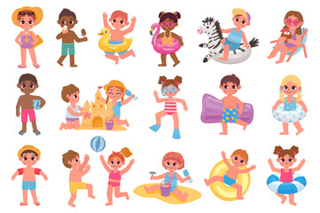 Obraz na płótnie Canvas Cartoon kids at summer beach, play with ball