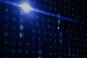 Digitale Wand aus Ziffern mit einem hellen Lichtreflex