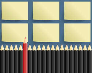 Businesses think of different concepts. Red color pencil among black color pencil with six sticky note. unique and creative.