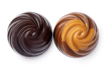 Top view of chocolate candy on white background