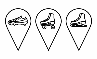 Pin collection. Map pin icons. Location pin in doodle style. Pins pointing to a sports club, competitions, sports equipment store. Design elements for banner, games, mobile app, poster, website