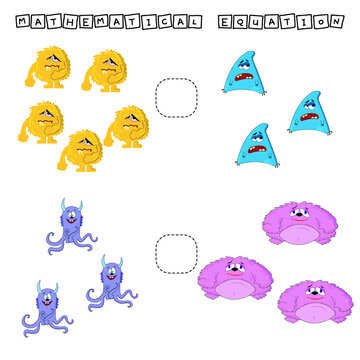 Developing activities for children, compare which more monsters.  Logic game for children, mathematical inequalities.