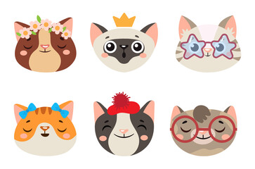 Cute cats heads with glasses and crown