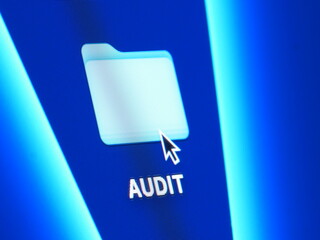 Audit - macro shot of folder on computer desktop with mouse pointer - zooming in on screen pixels