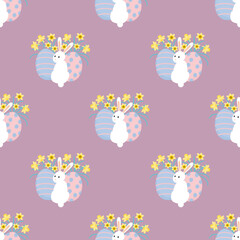 Easter seamless pattern on purple background. White bunny with Easter egg and daffodil. Flat design.