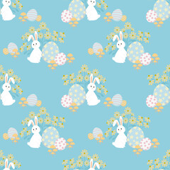 Easter seamless pattern on blue background. White bunny with Easter egg. Flat design.