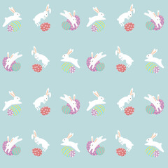 Easter seamless pattern. White bunny jump above egg. Flat design.