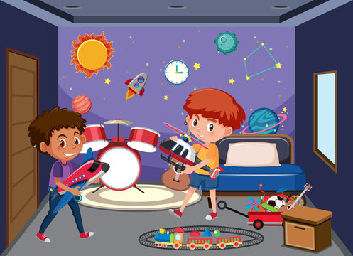 Bedroom In Space Galxy Theme With Children Cartoon Character