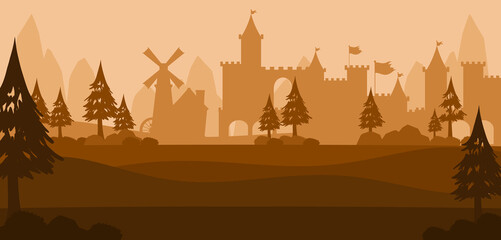 Landscape scene silhouette with medieval town