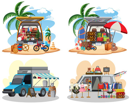 Flea market concept with set of different car boot sales