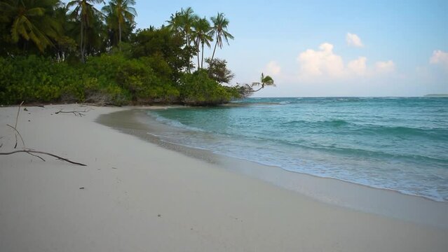 Remote tropical island paradise with shallow lagoon in ocean and thick vegetation of coconut palm trees cocos nucifera