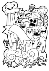 hand drawn doodle Funny monsters Doodle  and Memo board space for text.