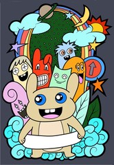 hand drawn doodle Funny monsters Doodle  and ribbon space for text.