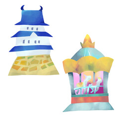 お城とメリーゴーランド　切り絵風