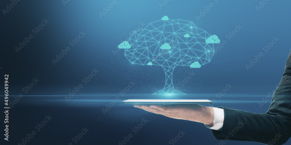 Poster close up of businessman hand holding tablet with abstract digital polygonal cloud tree on white blue