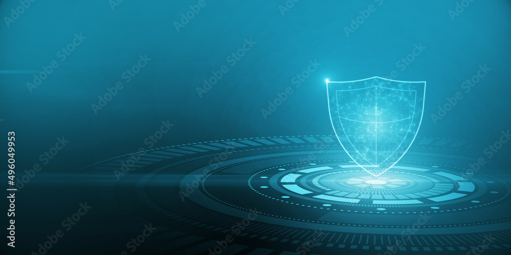 Poster Creative polygonal shield on blue background. Futuristic protection and circuit concept with mock up place. 3D Rendering.