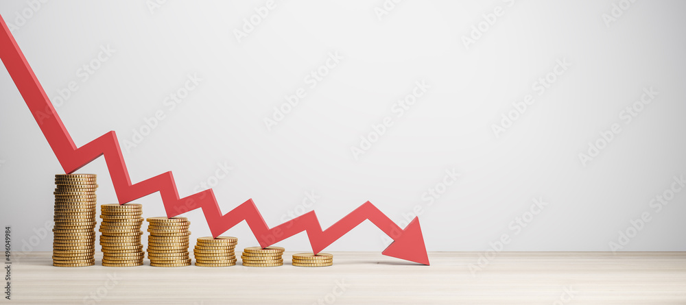 Poster Abstract falling coin stack chart and red arrow on wide white background with mock up place. Crisis, money and loss concept. 3D Rendering.
