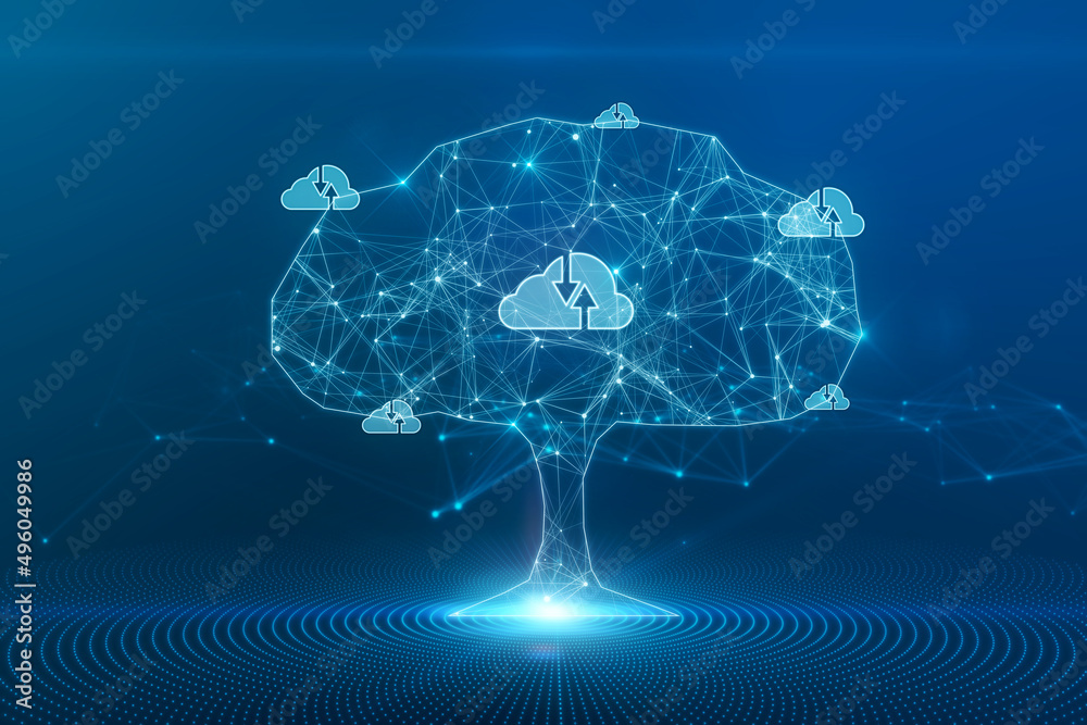 Poster abstract digital polygonal cloud tree on blue wallpaper. computer, data and security concept. 3d ren