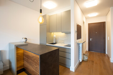 Wooden counter in modern kitchen interior