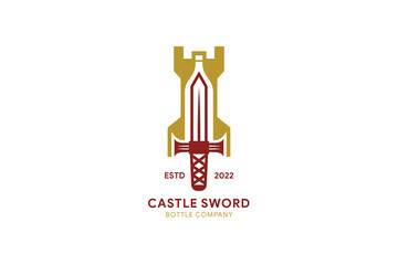 castle bottle sword logo design template using gold and red maroon colors isolated in white background
