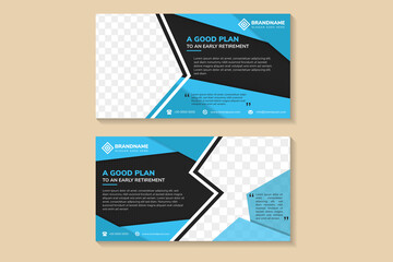 horizontal banner design template of a good plan to an early retirement. mosaic polygonal concept using blue and black colors. space for photo and text. dot halftone pattern for element.  - obrazy, fototapety, plakaty
