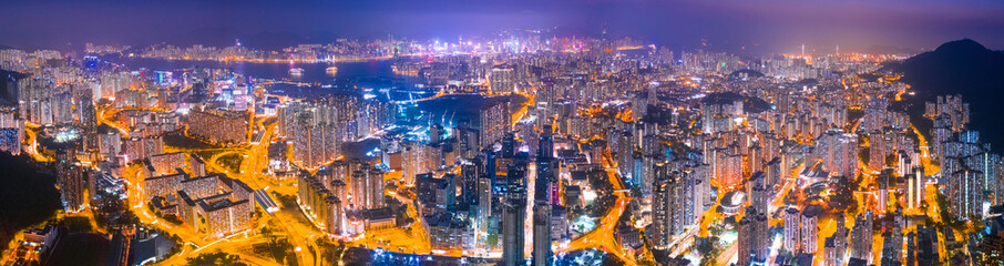 Night of Kowloon district, under the lion rock mountain, Hong Kong, cityscape