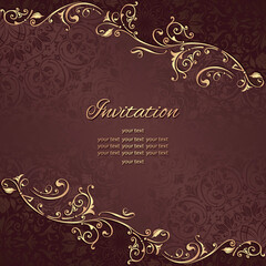Vintage background mandala business card invitation with golden lace ornaments and art deco floral decorative elements