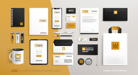 Stationery Brand Identity Mock-Up set with Crown logo design. Business office stationary mockup template of  annual report cover, tablet display, bag, brochure, souvenirs, etc. Editable vector 