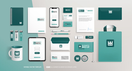 Office Stationery Brand Identity Mock-Up set with crown logo design. Business stationary mockup template of File folder, annual report cover, bag, brochure, souvenirs, etc. Editable vector 