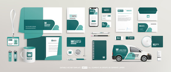 Brand Identity Mock-Up of stationery set with green and white abstract geometric design. Business office stationary mockup template of File folder, annual report, van car, brochure, corporate mug - obrazy, fototapety, plakaty