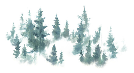 Watercolor background drawn landscape of foggy forest Wild nature, frozen, misty, taiga. Drawing of the blue forest, pine tree, spruce.
