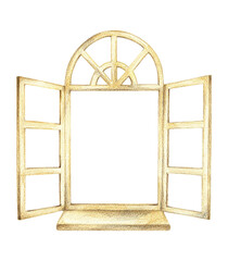 洋風の木製の窓枠　窓台あり　手描き色鉛筆画