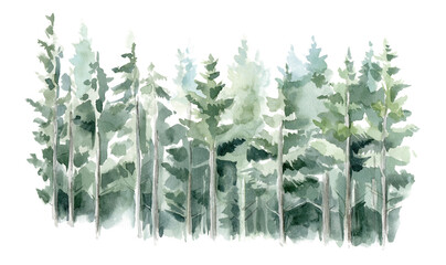 Watercolor background drawn landscape of foggy forest Wild nature, frozen, misty, taiga. Drawing of the blue forest, pine tree, spruce