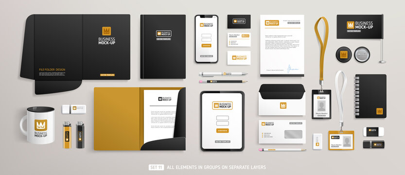 Stationery Brand Identity Mock-Up set with black and brown design. Business office stationary mockup template of File folder, annual report, envelope, brochure, tablet, souvenirs. Editable vector 