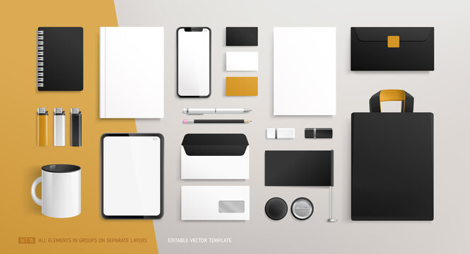 Office Stationery Brand Identity blank Mock-Up set white and black design. Business stationary mockup template of  annual report cover, tablet display, bag, brochure, souvenirs. Editable vector 