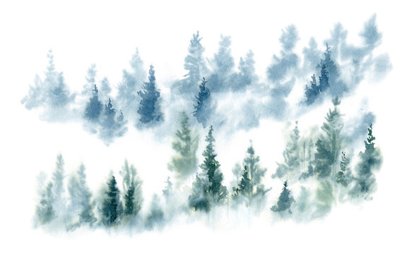 Watercolor background drawn landscape of foggy forest Wild nature, frozen, misty, taiga. Mountain slope foggy forest © Leyasw